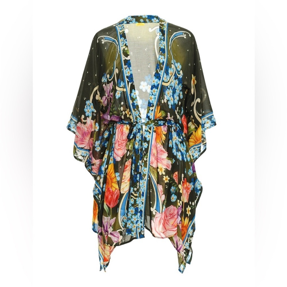 Agua Bendita Floral Bikini Coverup Kimono in Olive Green & Multi - Picture 4 of 4